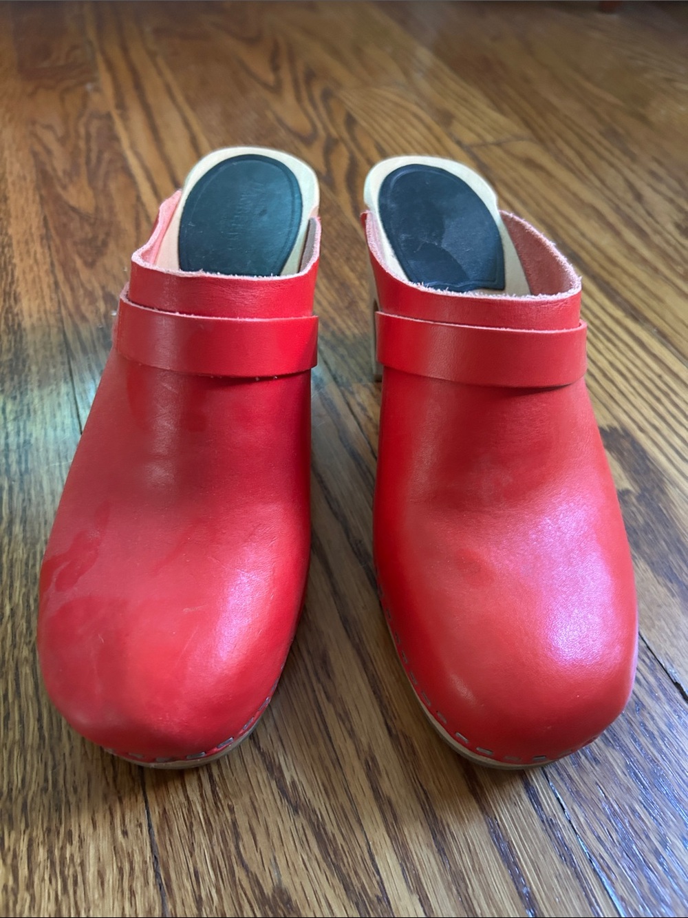 Swedish Hasbeens Red Leather Slip-On Clogs